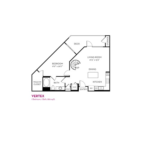 Floor plan for 1 bed, 1 bath, 889 sqft